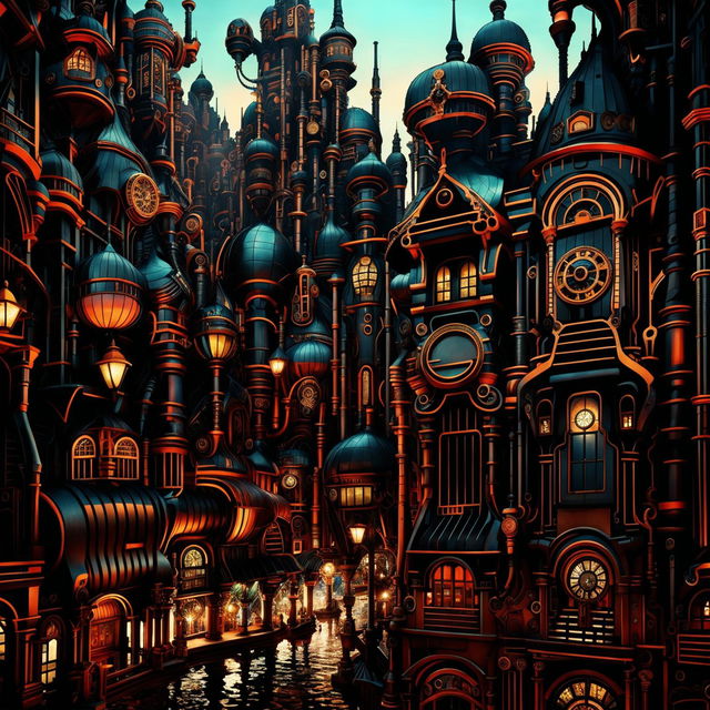 A cityscape blending cyberpunk and steampunk elements with skyscrapers, neon lights, airships, and citizens in mixed attire.