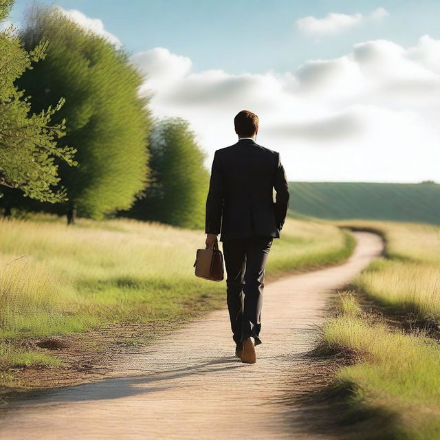 A businessman with a suit, carrying a bag and a Bible in his hand, walking along a path illuminated by the sky