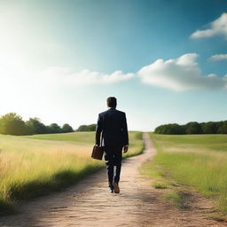 A businessman with a suit, carrying a bag and a Bible in his hand, walking along a path illuminated by the sky