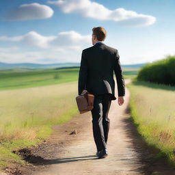 A businessman with a suit, carrying a bag and a Bible in his hand, walking along a path illuminated by the sky