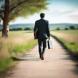 A businessman with a suit, carrying a bag and a Bible in his hand, walking along a path illuminated by the sky