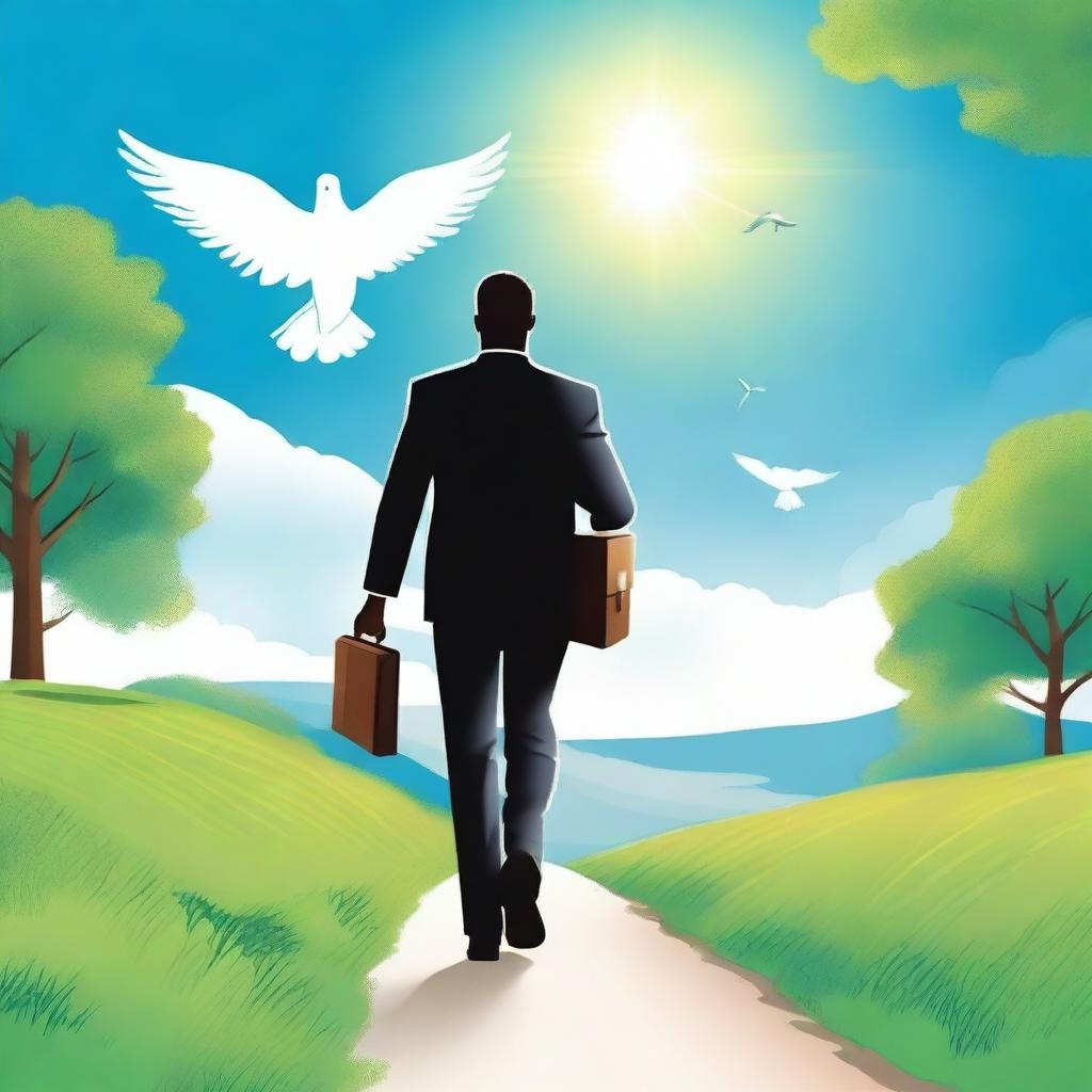 A businessman is walking on a path illuminated by the sky