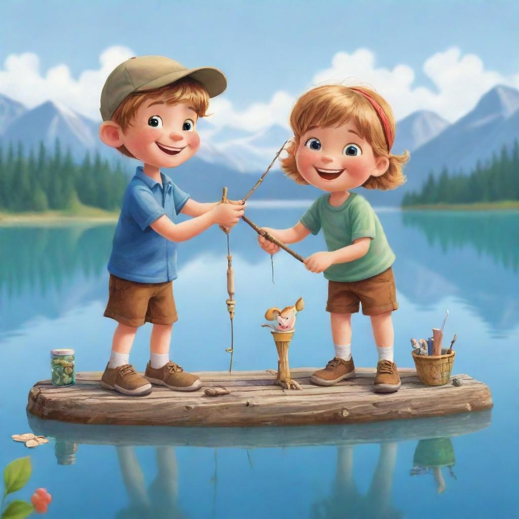 A cartoon-style, easy-to-draw image of two joyful kids decorating an old fishing rod with fun trinkets, set against the serene backdrop of a gleaming lake.