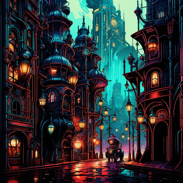 A sprawling city that merges cyberpunk and steampunk aesthetics, featuring skyscrapers with brass gears, neon lights, airships, and citizens in mixed attire