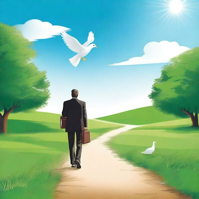 A businessman holding a briefcase in one hand and a Bible in the other, walking along a path illuminated by the sky