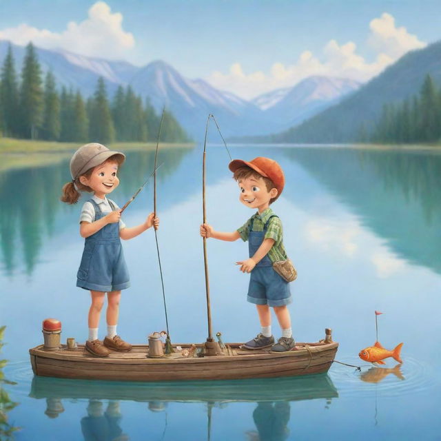 A cartoon-style, easy-to-draw image of two joyful kids decorating an old fishing rod with fun trinkets, set against the serene backdrop of a gleaming lake.