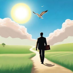 A businessman holding a briefcase in one hand and a Bible in the other, walking along a path illuminated by the sky