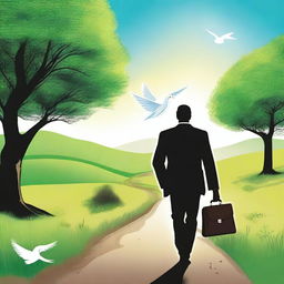 A businessman holding a briefcase in one hand and a Bible in the other, walking along a path illuminated by the sky