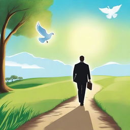 A businessman holding a briefcase in one hand and a Bible in the other, walking along a path illuminated by the sky