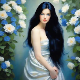 Create an image of a woman with long black hair and blue eyes