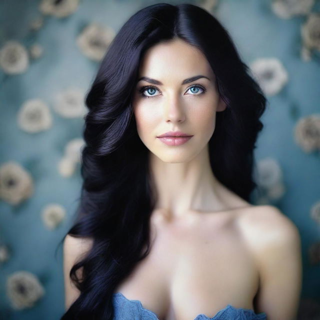 Create an image of a woman with long black hair and blue eyes