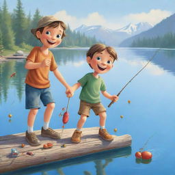 A cartoon-style, easy-to-draw image of two joyful kids decorating an old fishing rod with fun trinkets, set against the serene backdrop of a gleaming lake.