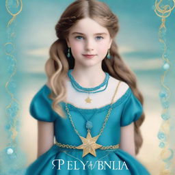 Design a book cover featuring a 13-year-old girl wearing a gorgeous, flowing sea blue dress embroidered with gold waves