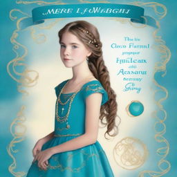 Design a book cover featuring a 13-year-old girl wearing a gorgeous, flowing sea blue dress embroidered with gold waves