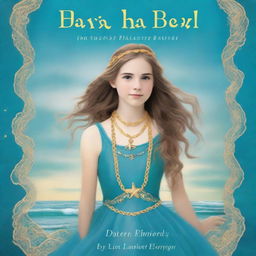 Design a book cover featuring a 13-year-old girl wearing a gorgeous, flowing sea blue dress embroidered with gold waves