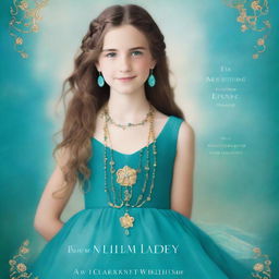 Design a book cover featuring a 13-year-old girl wearing a gorgeous, flowing sea blue dress embroidered with gold waves