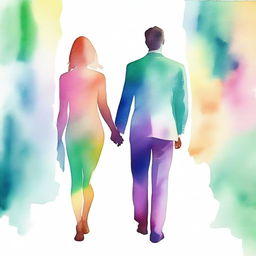 A watercolor texture image showing the backview of a modern couple, a lawyer (man) and an artist (woman), holding hands