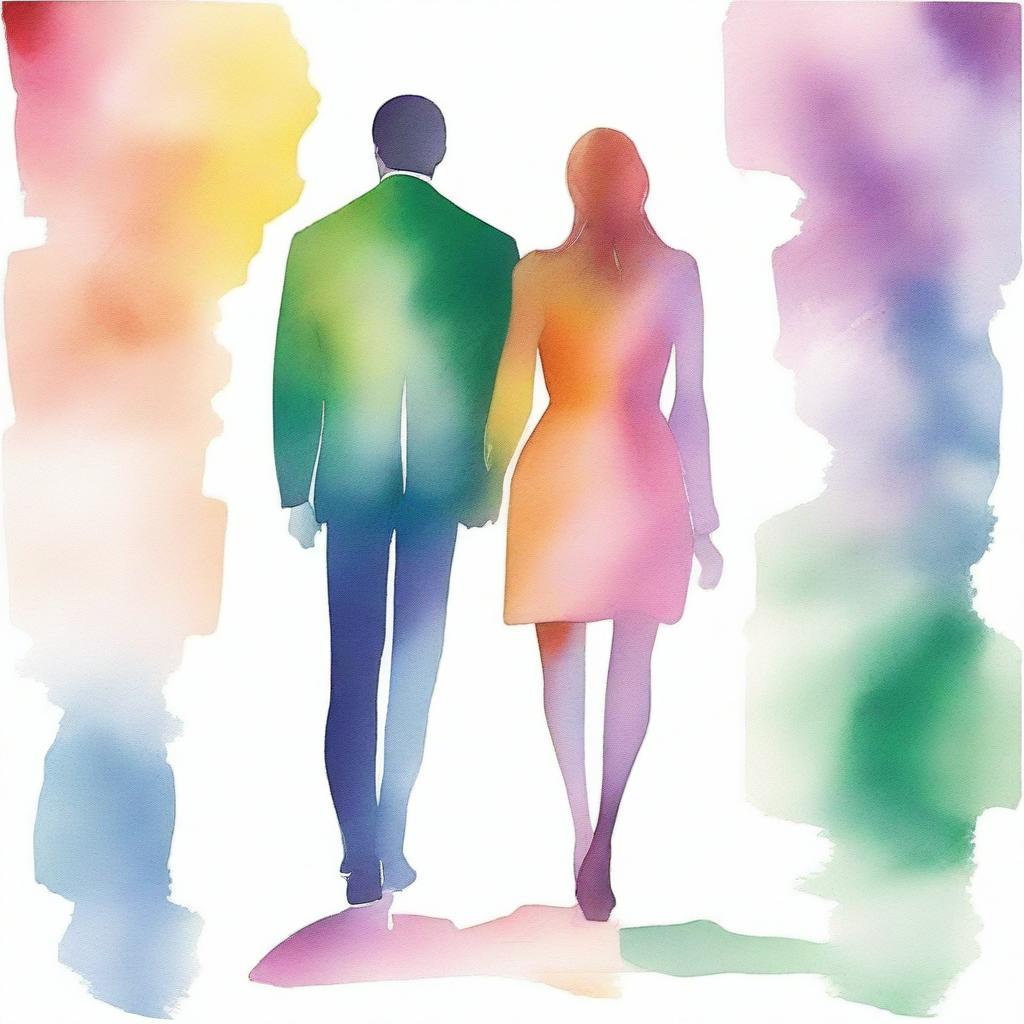 A watercolor texture image showing the backview of a modern couple, a lawyer (man) and an artist (woman), holding hands