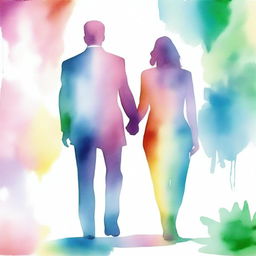 A watercolor texture image showing the backview of a modern couple, a lawyer (man) and an artist (woman), holding hands