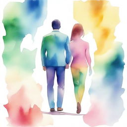 A watercolor texture image showing the backview of a modern couple, a lawyer (man) and an artist (woman), holding hands