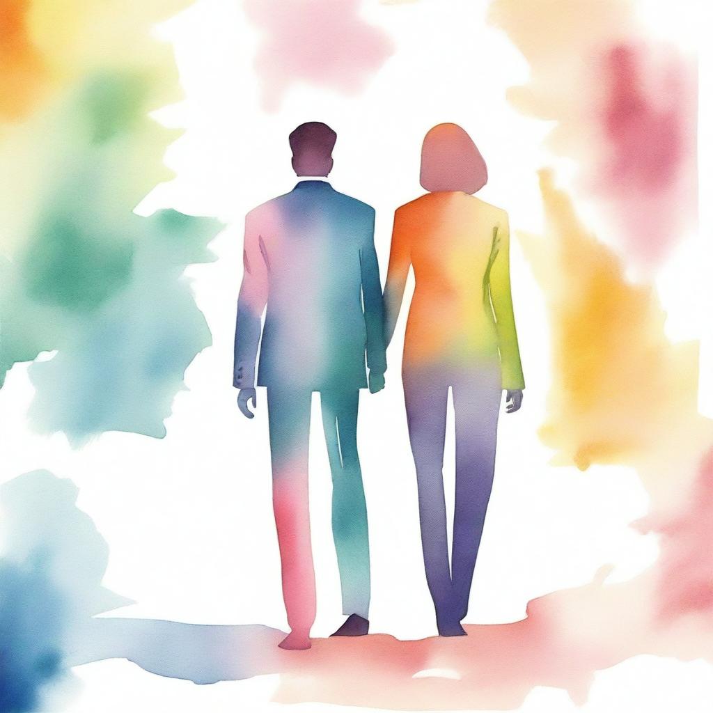 A watercolor texture image showing the backview of a modern couple, a lawyer (man) and an artist (woman), holding hands