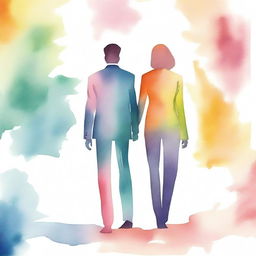 A watercolor texture image showing the backview of a modern couple, a lawyer (man) and an artist (woman), holding hands