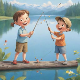 A cartoon-style, easy-to-draw image of two joyful kids decorating an old fishing rod with fun trinkets, set against the serene backdrop of a gleaming lake.