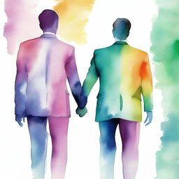 A watercolor texture image showing the backview of a modern couple, a lawyer (man) and an artist (woman), holding hands