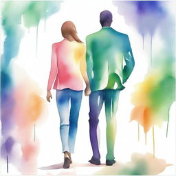 A watercolor texture image showing the backview of a modern couple, a lawyer (man) and an artist (woman), holding hands