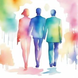 A watercolor texture image showing the backview of a modern couple, a lawyer (man) and an artist (woman), holding hands