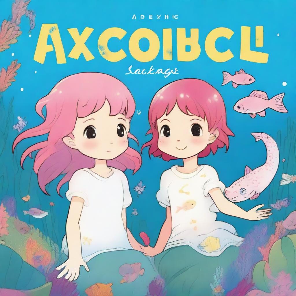 An ocean background with an axolotl girl who is human-like and a girl who is a guppy but also human-like