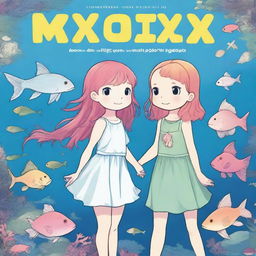 An ocean background with an axolotl girl who is human-like and a girl who is a guppy but also human-like