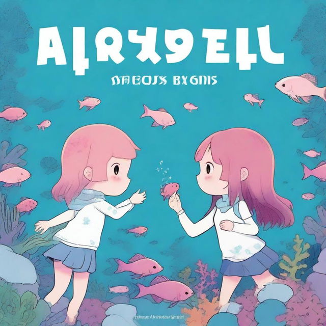 An ocean background with an axolotl girl who is human-like and a girl who is a guppy but also human-like