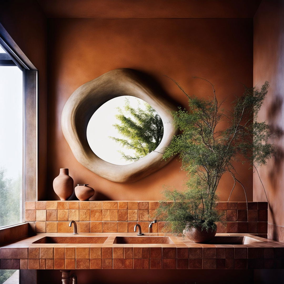 A peaceful bathroom with terracotta tiled wall, stone vanity, organic-shaped mirror, vase with green branches under soft lighting in an architectural elevation.