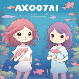 An ocean background with an axolotl girl who is human-like and a girl who is a guppy but also human-like