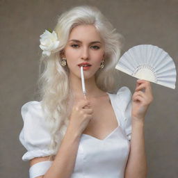 An enchanting Pomba Gira with long, white hair, and a white dress. She has a white rose tucked behind her ear, holding a white fan and a cigarette.