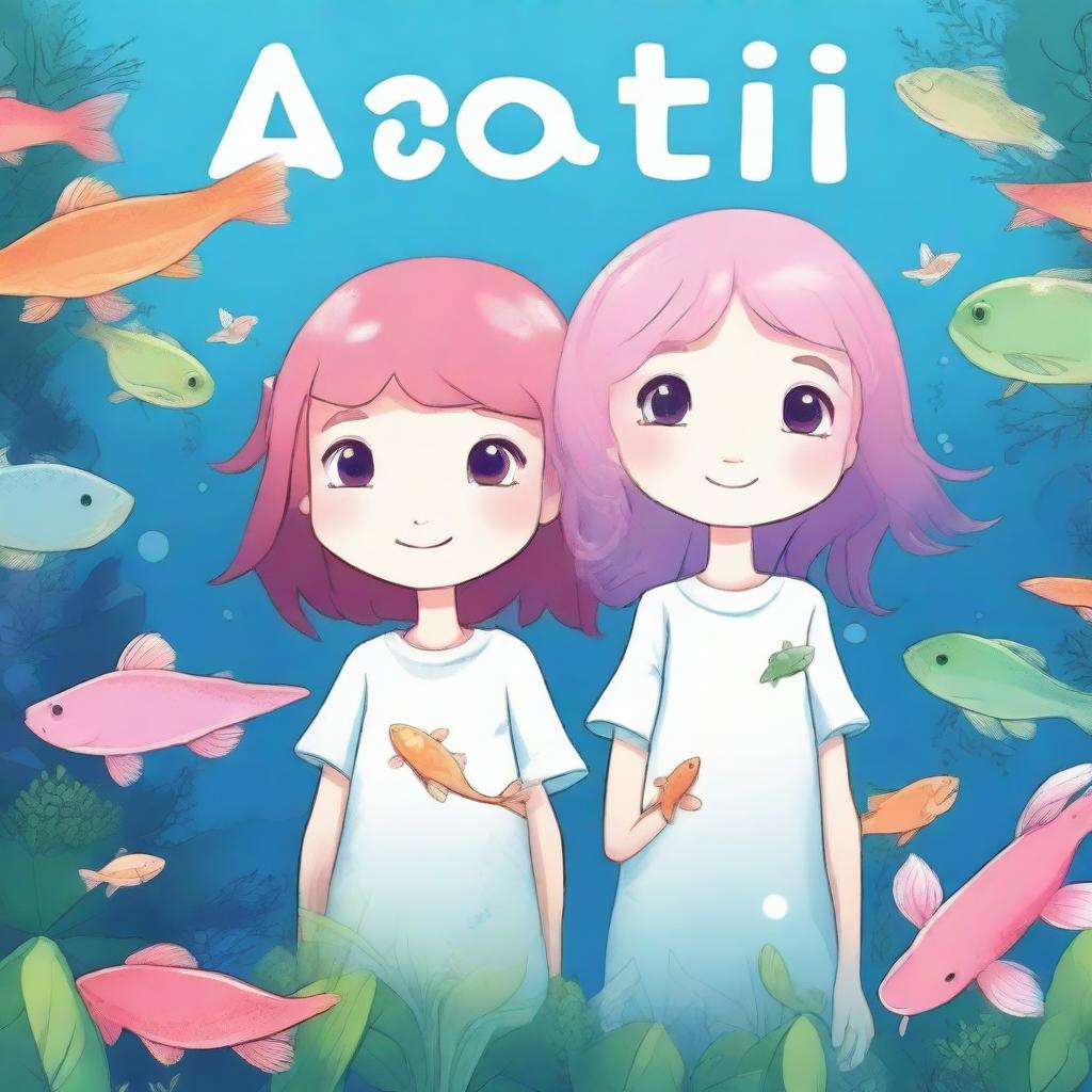 Create an image with an ocean background featuring an axolotl girl who has human-like characteristics and a guppy-looking girl who is also human-like