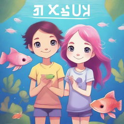 Create an image with an ocean background featuring an axolotl girl who has human-like characteristics and a guppy-looking girl who is also human-like