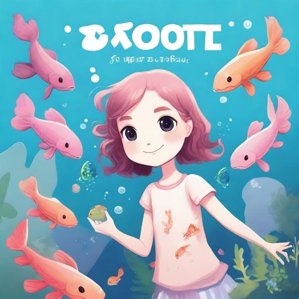 Create an image with an ocean background featuring an axolotl girl who has human-like characteristics and a guppy-looking girl who is also human-like