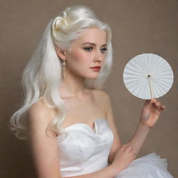 An enchanting Pomba Gira with long, white hair, and a white dress. She has a white rose tucked behind her ear, holding a white fan and a cigarette.