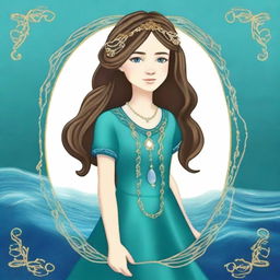 Design a book cover for a story featuring a 13-year-old girl in a sea blue dress embroidered with gold waves, a pearl chain, a sea glass pendant, a French braid, and a pearl circlet with a teardrop sapphire on her forehead