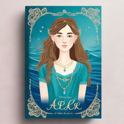 Design a book cover for a story featuring a 13-year-old girl in a sea blue dress embroidered with gold waves, a pearl chain, a sea glass pendant, a French braid, and a pearl circlet with a teardrop sapphire on her forehead