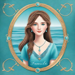 Design a book cover for a story featuring a 13-year-old girl in a sea blue dress embroidered with gold waves, a pearl chain, a sea glass pendant, a French braid, and a pearl circlet with a teardrop sapphire on her forehead