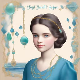 Design a book cover for a story featuring a 13-year-old girl in a sea blue dress embroidered with gold waves, a pearl chain, a sea glass pendant, a French braid, and a pearl circlet with a teardrop sapphire on her forehead