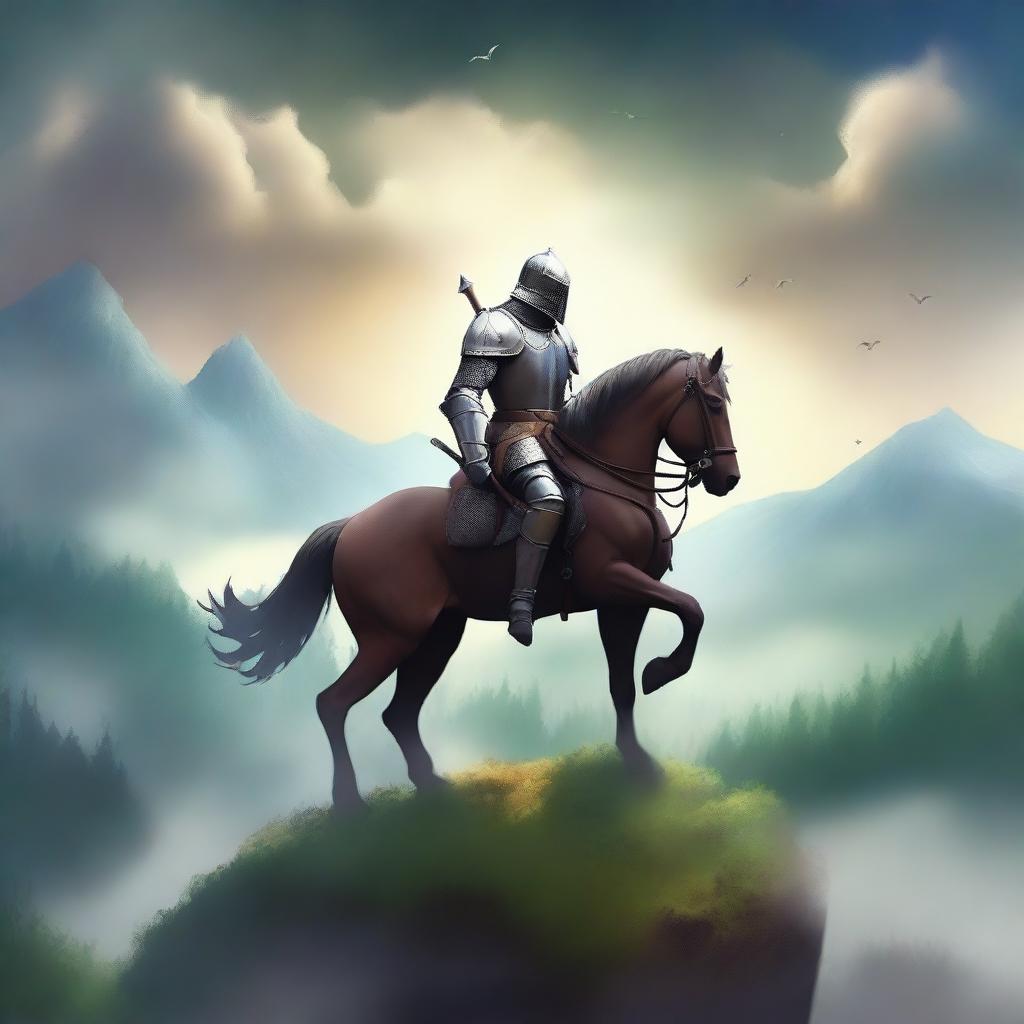 Create a book cover with no writing, depicting a fantasy scene where a brave knight stands on a hilltop overlooking a vast, enchanted forest