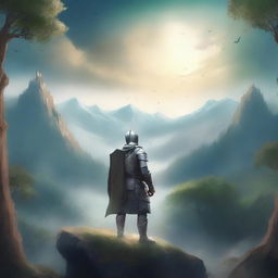 Create a book cover with no writing, depicting a fantasy scene where a brave knight stands on a hilltop overlooking a vast, enchanted forest