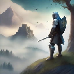 Create a book cover with no writing, depicting a fantasy scene where a brave knight stands on a hilltop overlooking a vast, enchanted forest