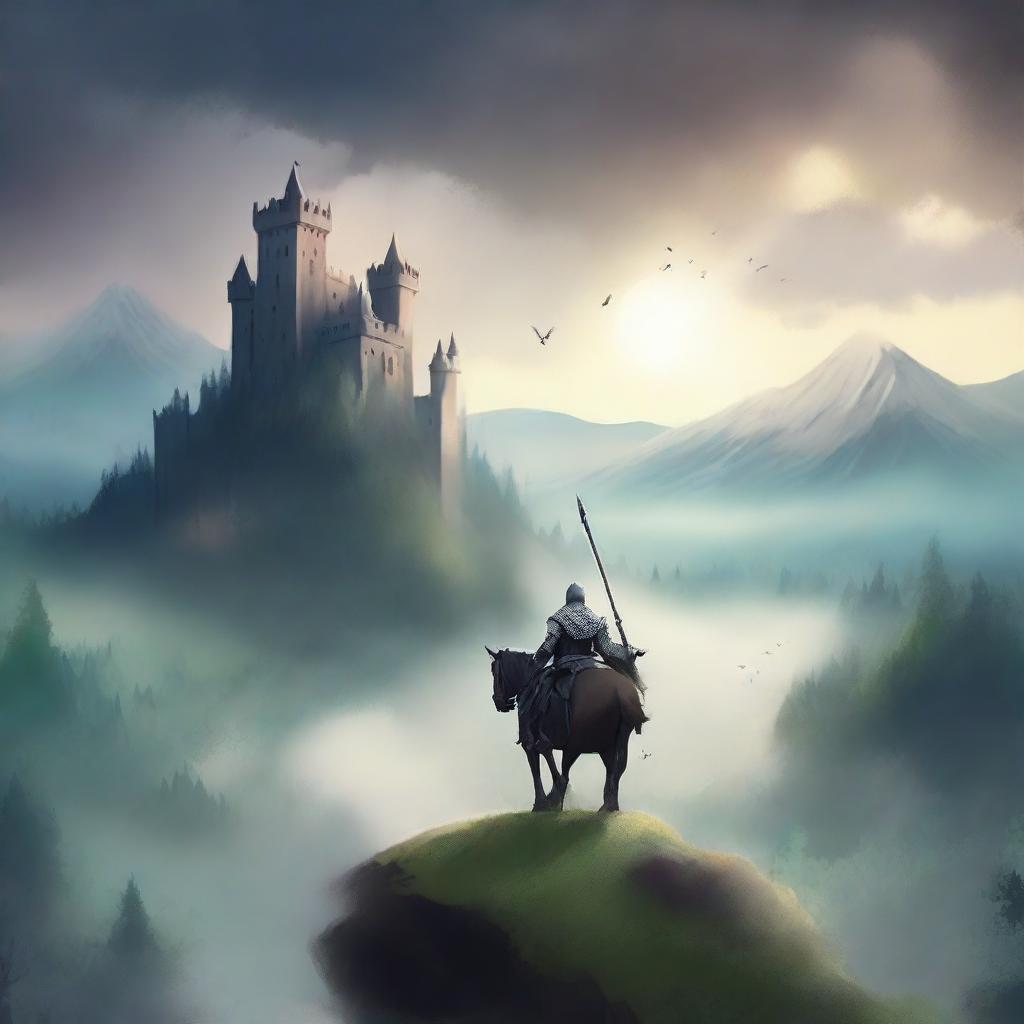 Create a book cover with no writing, depicting a fantasy scene where a brave knight stands on a hilltop overlooking a vast, enchanted forest