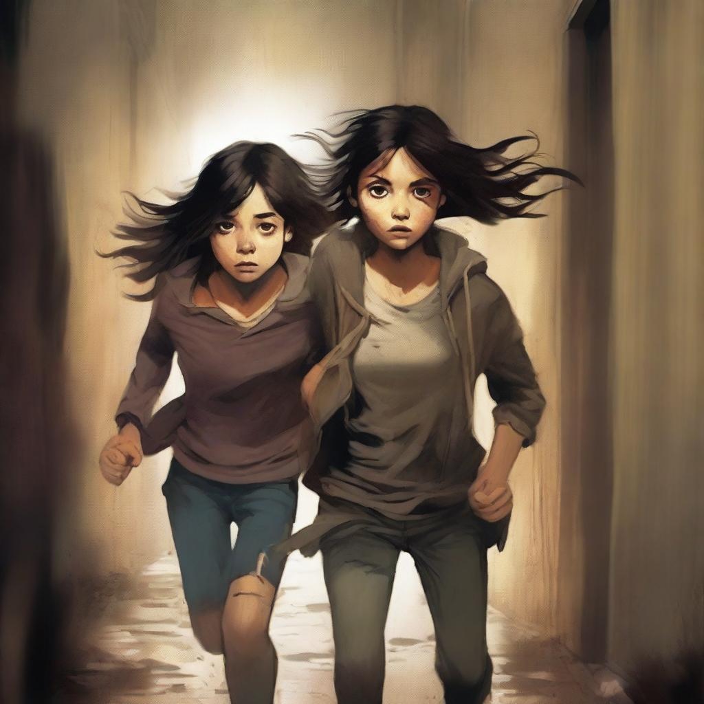 A book cover featuring a teenage girl with torn clothes and dark hair, running through a dark corridor alongside a tall teenage boy with brunette hair and dirty clothes