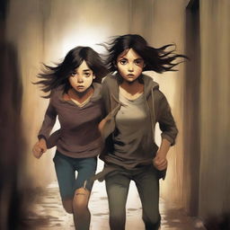 A book cover featuring a teenage girl with torn clothes and dark hair, running through a dark corridor alongside a tall teenage boy with brunette hair and dirty clothes